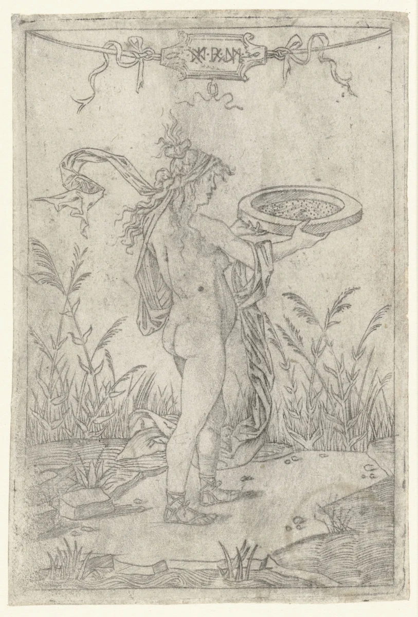 Vestaalse maagd Tuccia draagt water in zeef by Unknown, print, 1498-1502