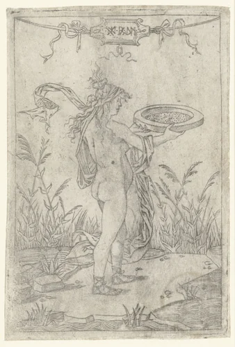 Vestaalse maagd Tuccia draagt water in zeef by Unknown, print, 1498-1502