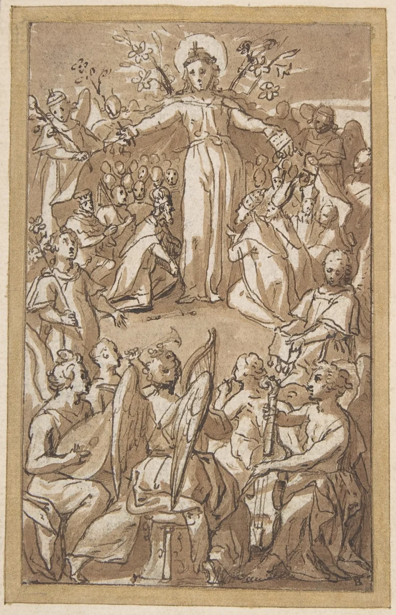 The Virgin Surrounded by Angels and Representatives of Secular and Ecclesiastical Authorities by Pieter de Jode, drawing, 1585-1634