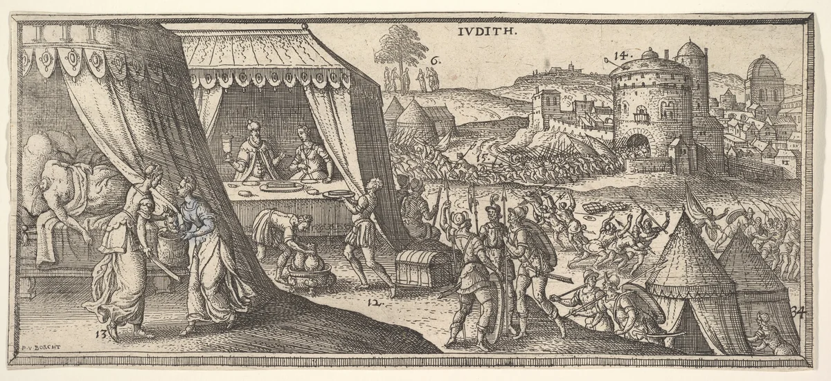 Judith, illustration to "Biblesche figuren ofte afbeeldingen..." by Hendrik Jansen van Barrefelt, called Hiel by Peeter van der Borcht, print, 1570-1662
