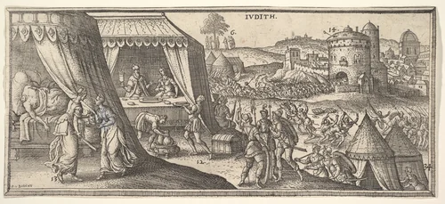 Judith, illustration to "Biblesche figuren ofte afbeeldingen..." by Hendrik Jansen van Barrefelt, called Hiel by Peeter van der Borcht, print, 1570-1662