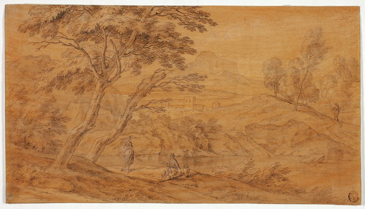 Landscape with Figures by a Stream by Johannes Glauber, drawing, 1660-1750