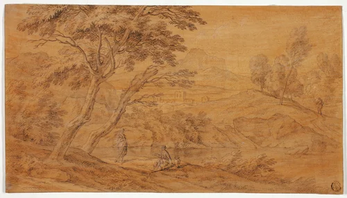Landscape with Figures by a Stream by Johannes Glauber, drawing, 1660-1750