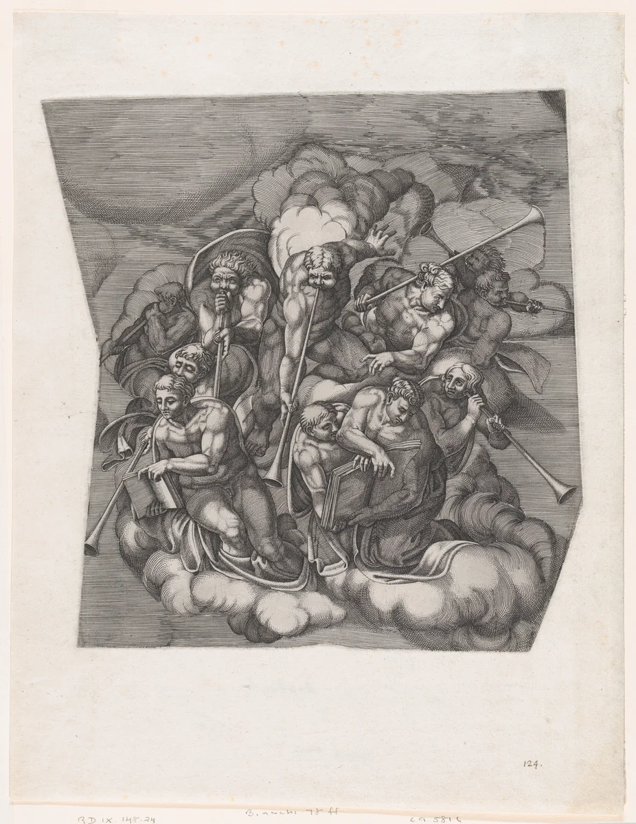 Trumpeting Angels from The Last Judgment, after Michelangelo by Nicolas Beatrizet, print, 1530-1566