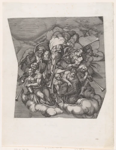 Trumpeting Angels from The Last Judgment, after Michelangelo by Nicolas Beatrizet, print, 1530-1566