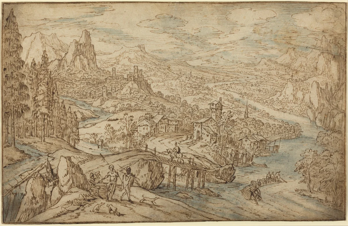 River Landscape by Tobias Verhaecht, drawing, 1561-1631