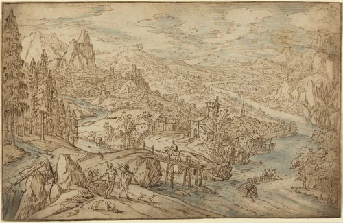 River Landscape by Tobias Verhaecht, drawing, 1561-1631
