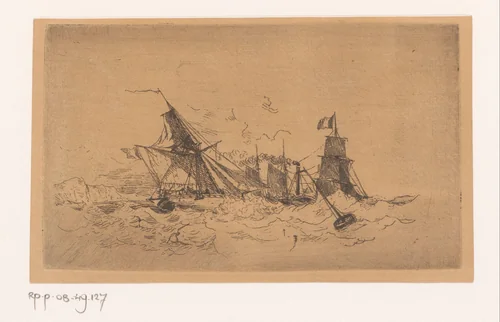 Stoomschip en zeilschepen op onrustige zee by Henri Le Hon, print, 1819-1872