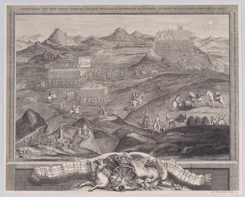 The Battle-Array of Carberry-hill near Edinburgh with the Surrender of Mary Queen of Scots to the Confederate Lords of Scotland, and the Escape of Earl Bothwell by George Vertue, print, 1742