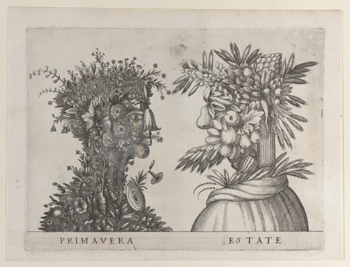 Spring and Summer: two heads made from flora typical of those seasons by anonymous, print, 1575-1585
