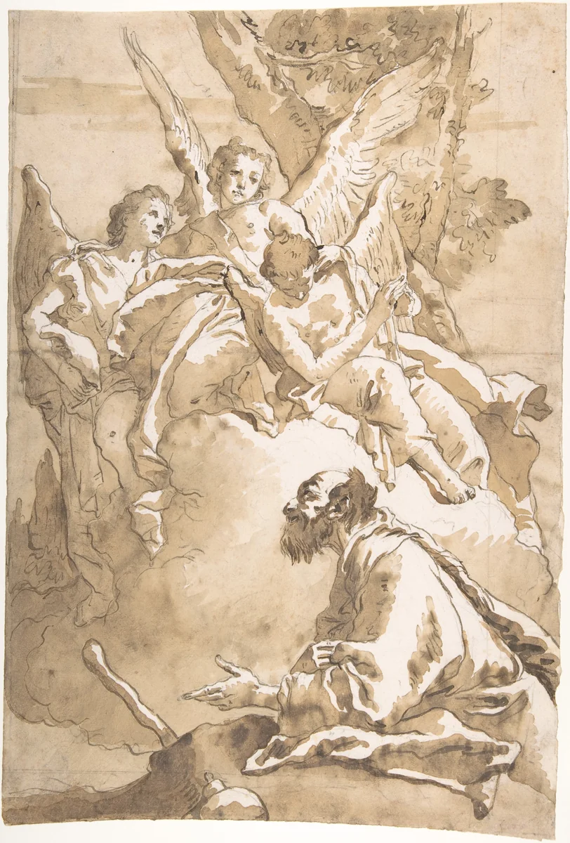 The Three Angels Appearing to Abraham by the Oaks of Mamre by Giovanni Domenico Tiepolo, drawing, 1727-1804