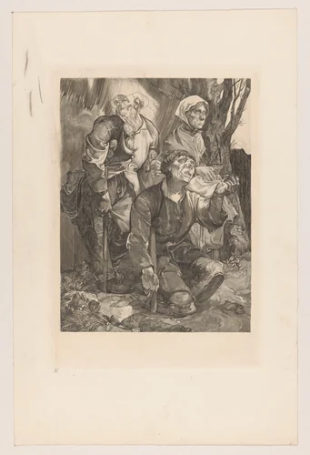 Drie bedelaars bij een boom by Johannes Josephus Aarts, print, 1881-1934
