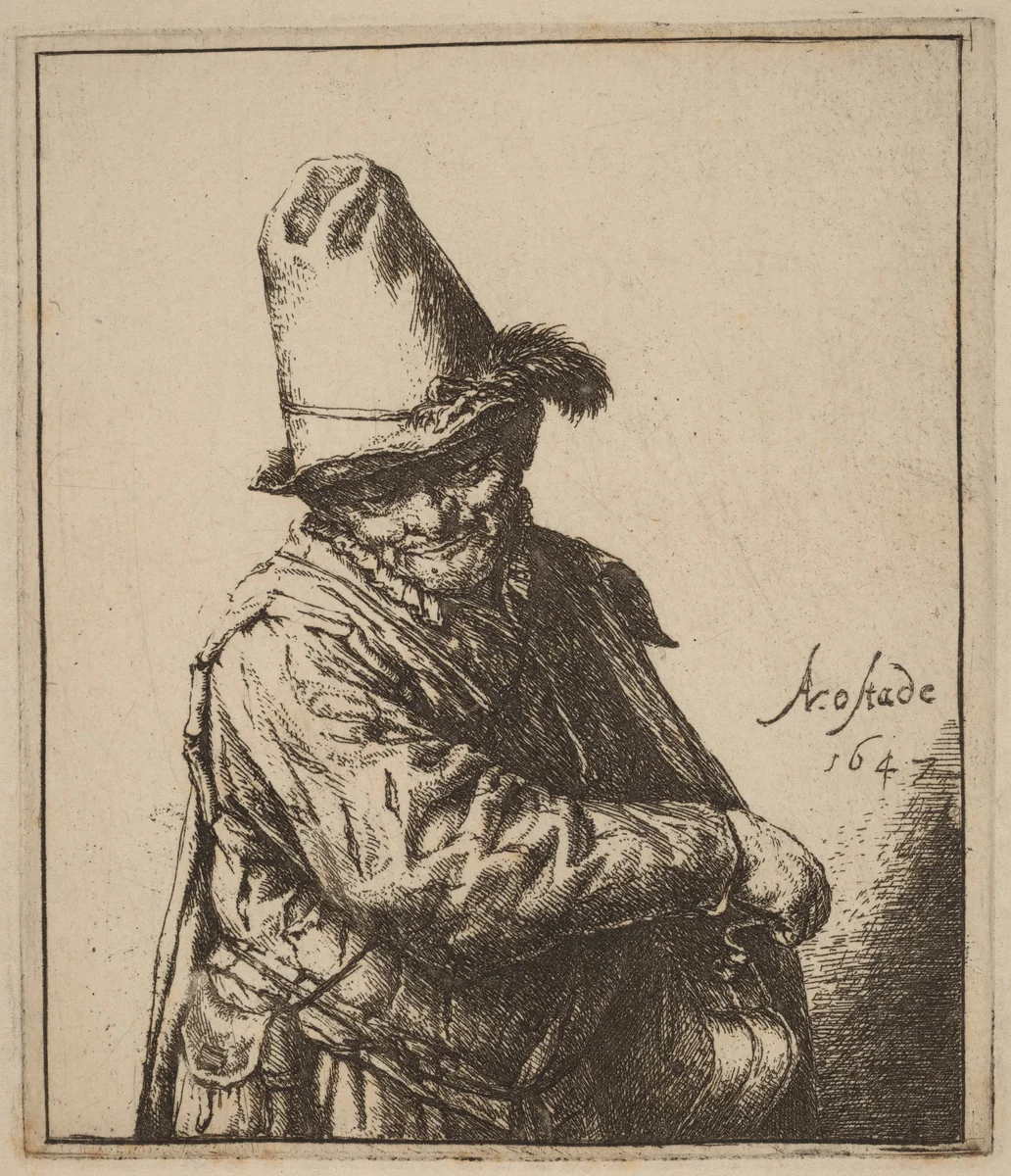 Hurdy-Gurdy Player in a Tall Hat by Adriaen van Ostade, print, 1647