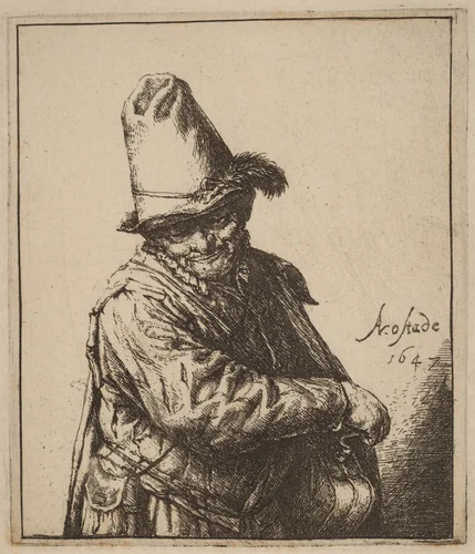 Hurdy-Gurdy Player in a Tall Hat by Adriaen van Ostade, print, 1647
