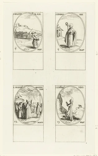 Heilige Meliton, Heilige Firminus, Heilige Gregorius I de Grote, Heilige Euphrasia van Constantinopel (11-13 maart) by Jacques Callot, print, 1632-1636