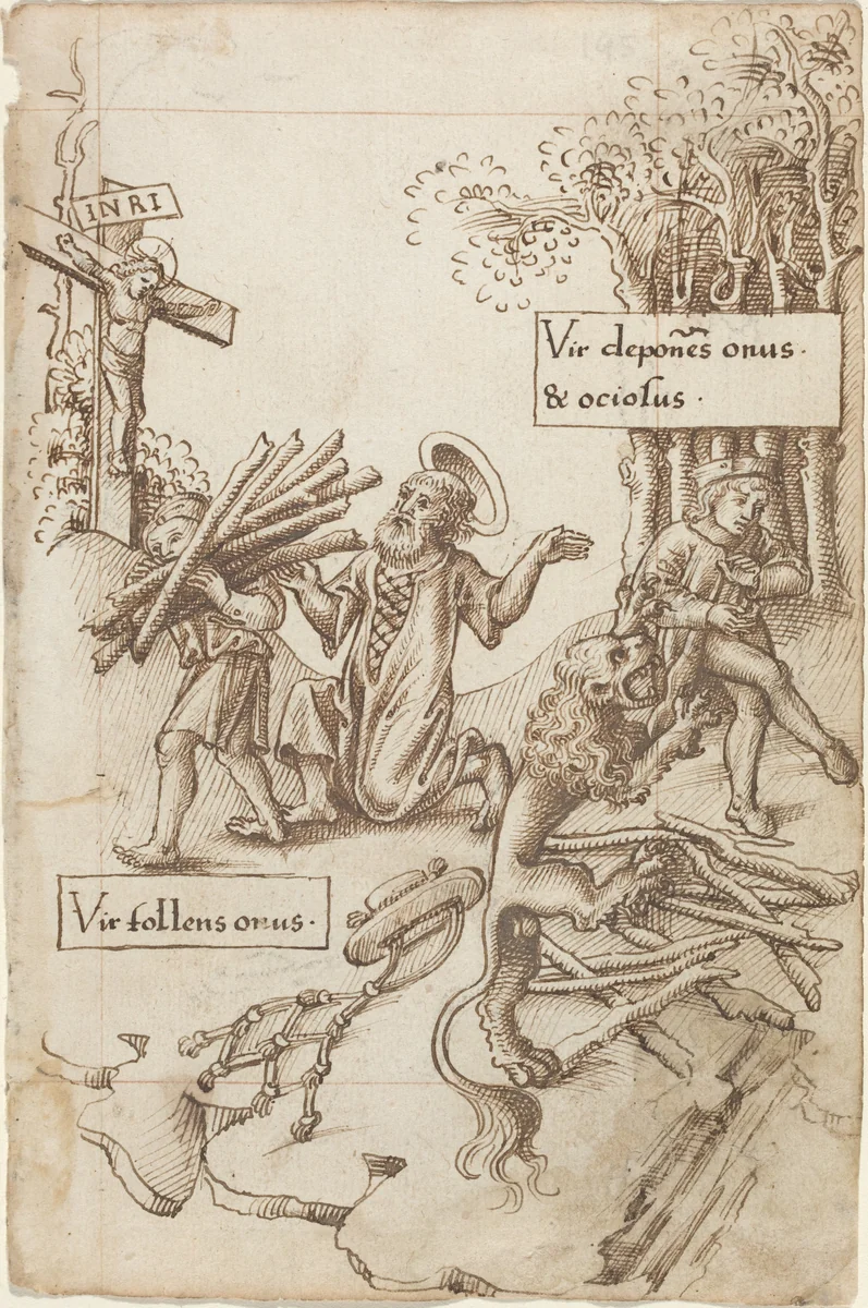"Help Him Who Takes up His Burden, Not Him Who Lays It down" [fol. 31 recto] by French early 16th Century, drawing, 1512-1515