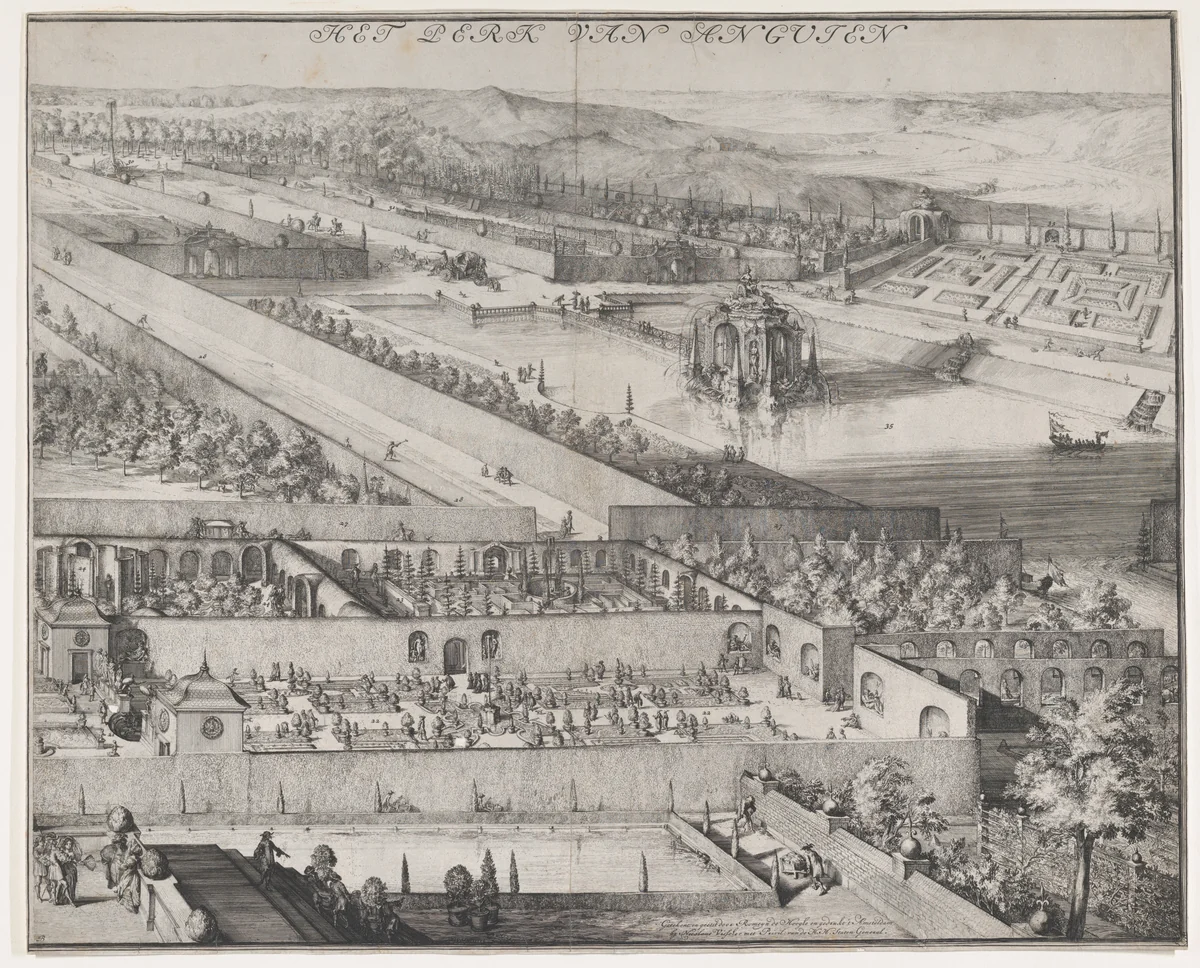 Detail of the Park at Enghien (right half) by Romeyn de Hooghe, print, 1685