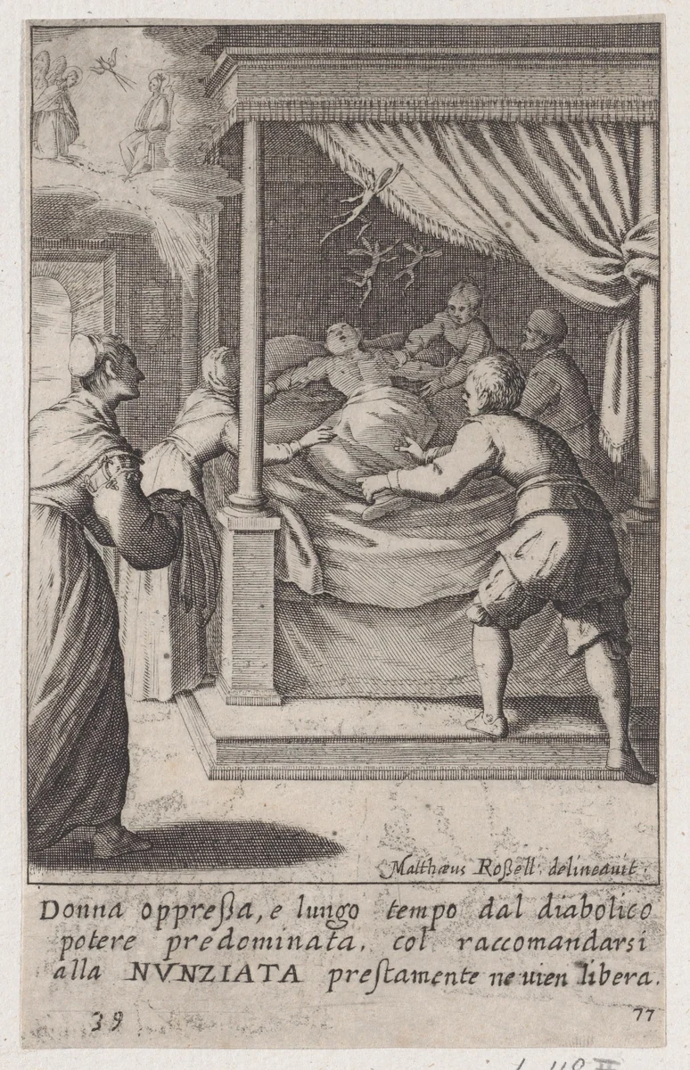 The Oppressed Woman, from Scelta d'Alcuni Miracoli e Grazie della Santissima Nunziata di Firenze (Selection of Some Miracles and Graces that Occurred in the Church of the Annunziata in Florence) by Jacques Callot, print, 1611-1619
