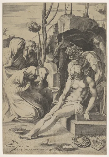 Entombment of Christ, whose chest is grasped by Joseph of Arimathea, with two kneeling and two standing female mourners at left and crown of thorns at bottom right by Enea Vico, print, 1543