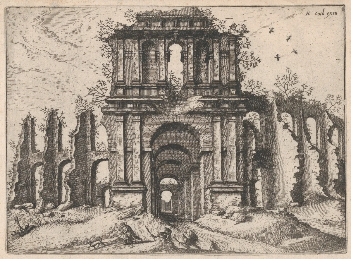 Two Story Entrance Flanked by Coupled Pilasters, from "Roman Ruins and Buildings" by Johannes van Doetecum, print, 1562