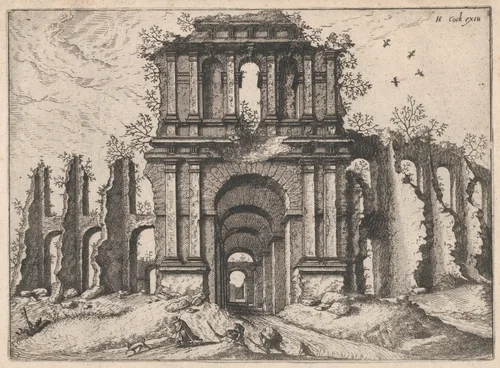 Two Story Entrance Flanked by Coupled Pilasters, from "Roman Ruins and Buildings" by Johannes van Doetecum, print, 1562