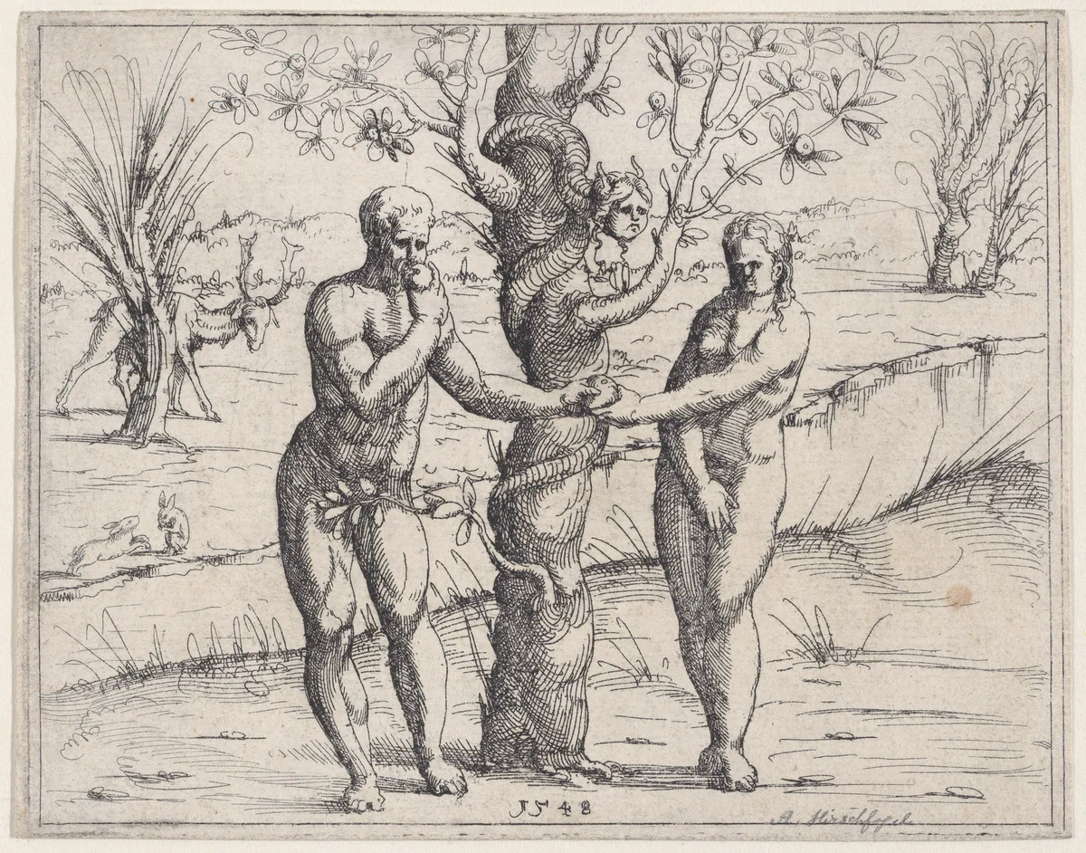 Adam and Eve Eating the Forbidden Fruit, from "Old and New Testaments" by Augustin Hirschvogel, print, 1548