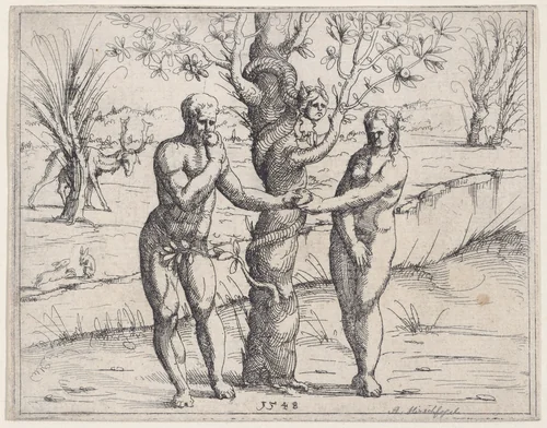 Adam and Eve Eating the Forbidden Fruit, from "Old and New Testaments" by Augustin Hirschvogel, print, 1548