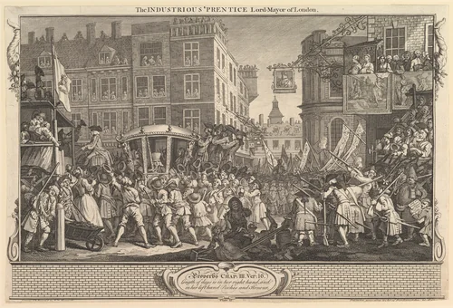 The Industrious 'Prentice Lord Mayor of London: Industry and Idleness, plate 12 by William Hogarth, print, 1747