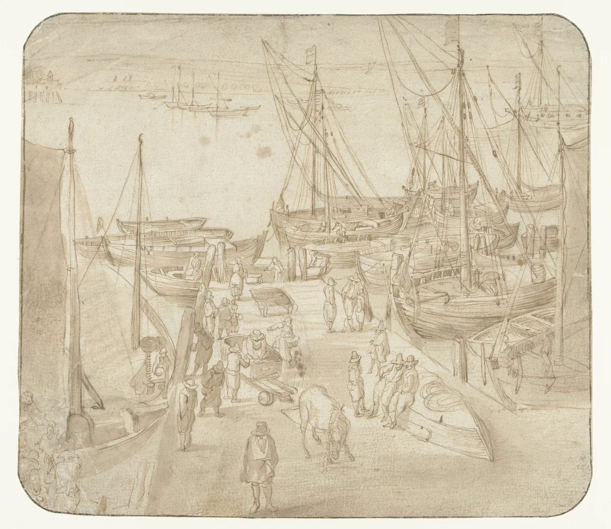 Schepen bij een havenhoofd by anonymous, drawing, 1600-1700