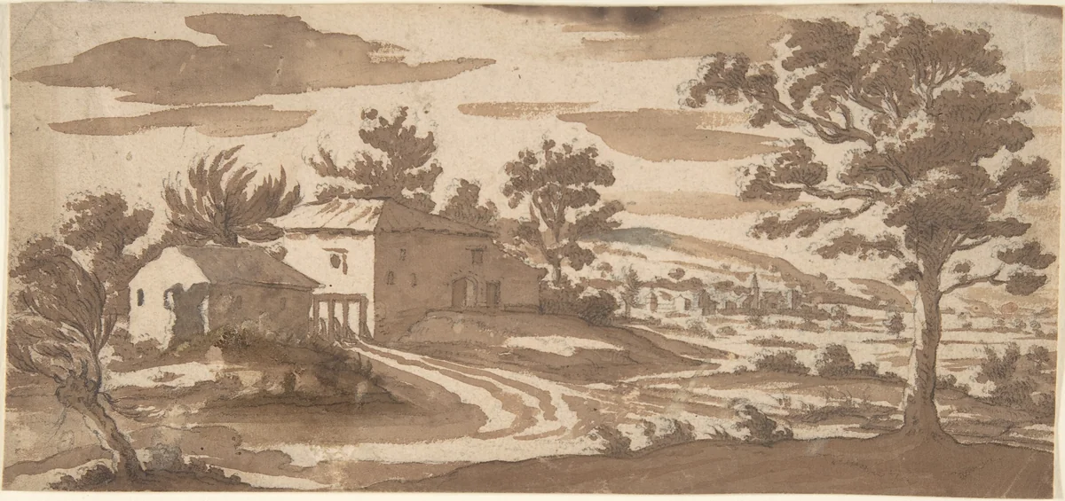 Landscape with Buildings and a Town in the Distance (recto); Study of a Building (verso) by Jacques Callot, drawing, 1592-1635