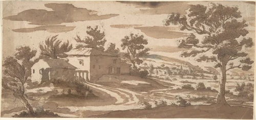 Landscape with Buildings and a Town in the Distance (recto); Study of a Building (verso) by Jacques Callot, drawing, 1592-1635