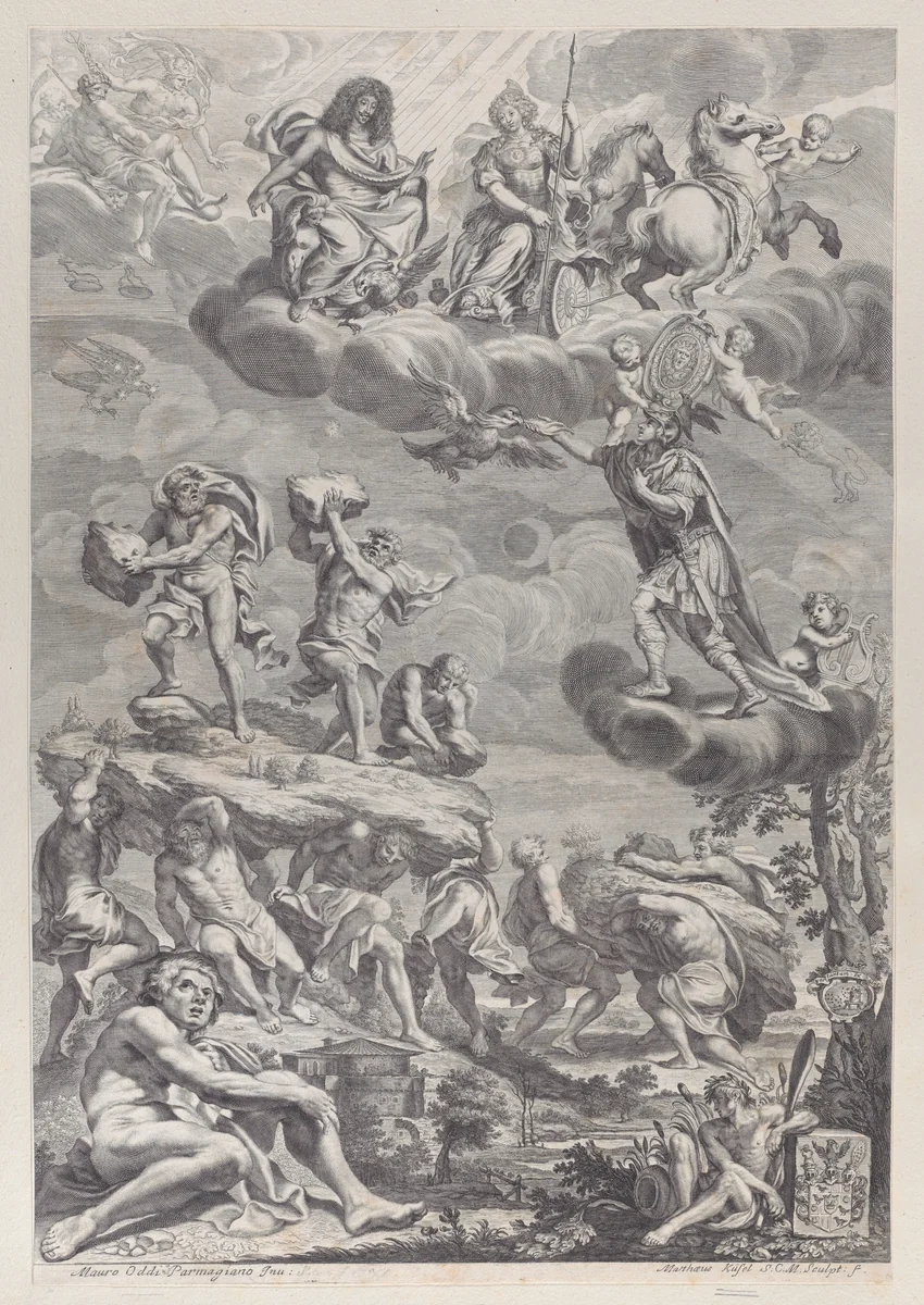 Leopold I of Austria as Jupiter with his wife enthroned in the clouds, looking down on the struggling giants below by Mathäus Küsel, print, 1654-1682