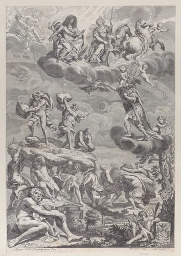 Leopold I of Austria as Jupiter with his wife enthroned in the clouds, looking down on the struggling giants below by Mathäus Küsel, print, 1654-1682