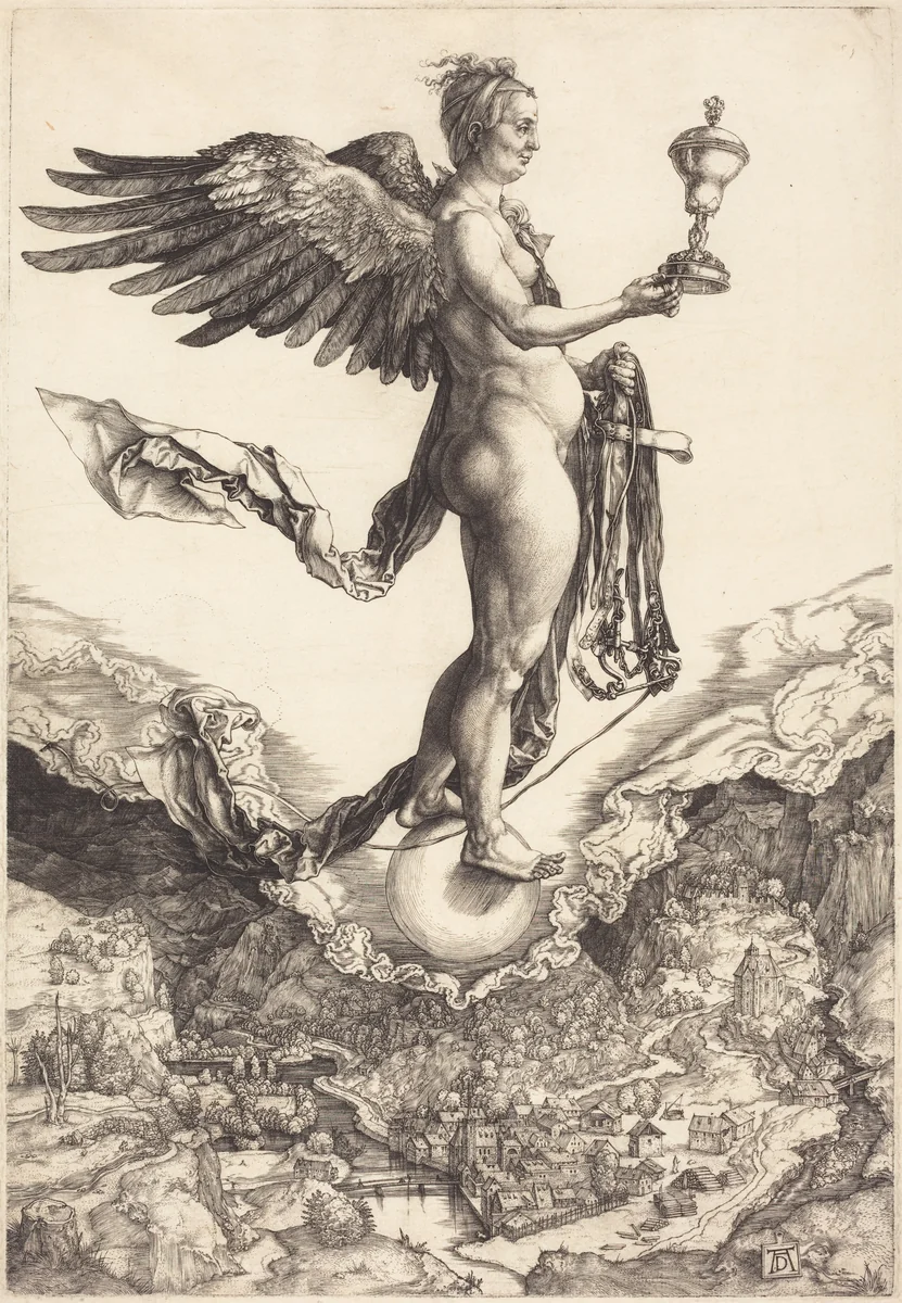 Nemesis (The Great Fortune) by Albrecht Dürer, print, 1501-1502