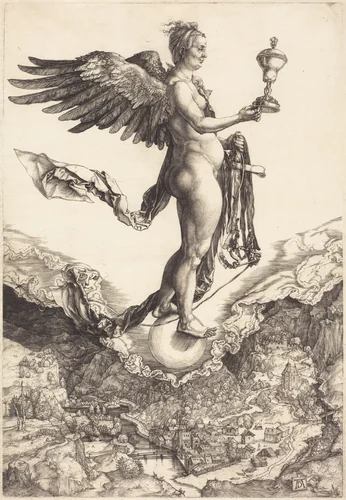 Nemesis (The Great Fortune) by Albrecht Dürer, print, 1501-1502