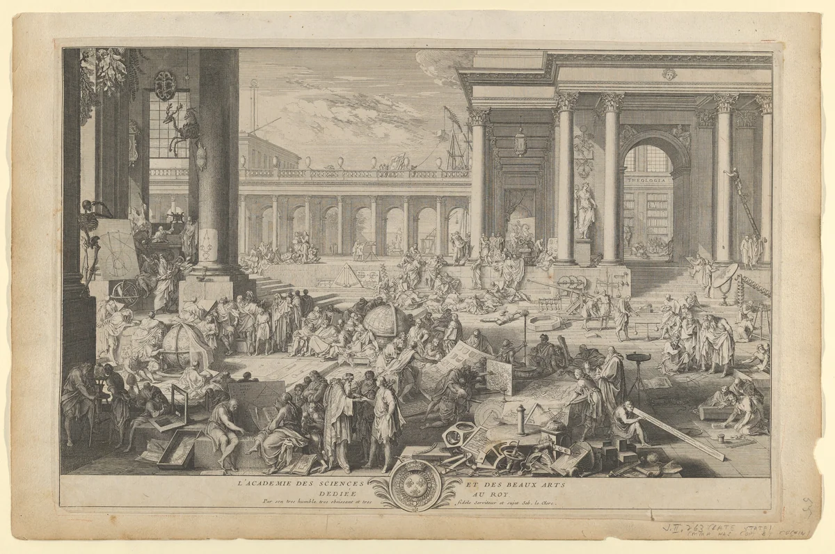 L'Académie des Sciences et des Beaux-Arts by Sébastien Leclerc, print, 1698