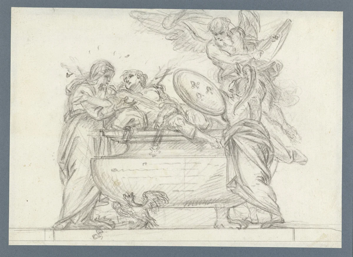 Ontwerp voor een grafmonument met Geloof, Minerva en de Tijd by anonymous, drawing, 1700-1800