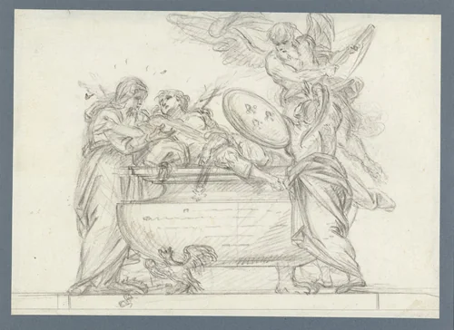 Ontwerp voor een grafmonument met Geloof, Minerva en de Tijd by anonymous, drawing, 1700-1800