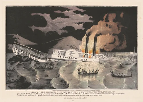 Loss of the Steamboat Swallow: While on Her Trip, from Albany to New-York, on Monday Evening April 7th 1845 by Nathaniel Currier, print, 1845