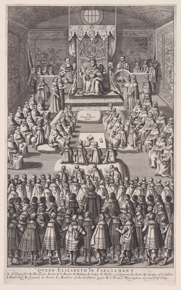 Queen Elizabeth in Parliament by anonymous, print, 1682