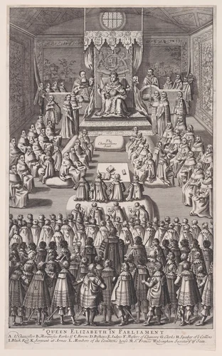 Queen Elizabeth in Parliament by anonymous, print, 1682