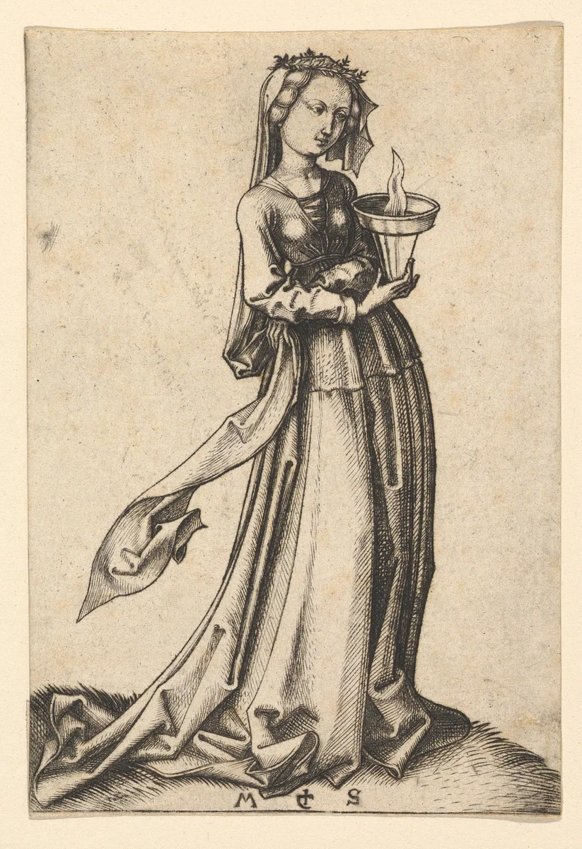 The Fourth Wise Virgin, from the series The Wise and Foolish Virgins by Martin Schongauer, print, 1470-1491