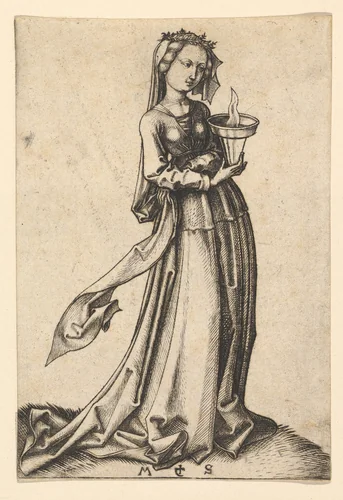 The Fourth Wise Virgin, from the series The Wise and Foolish Virgins by Martin Schongauer, print, 1470-1491