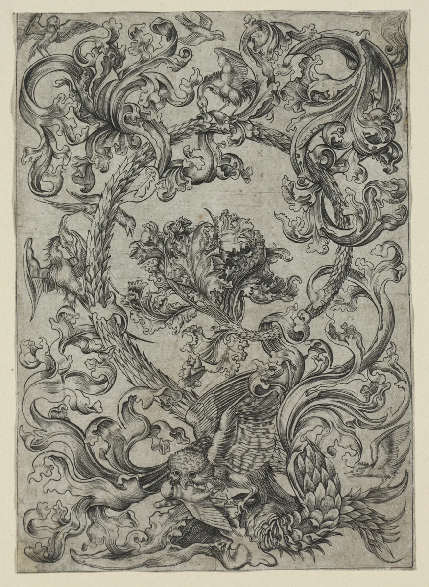 Ornamental Foliage, with an Owl and other Birds by Unknown, print, 1400-1500