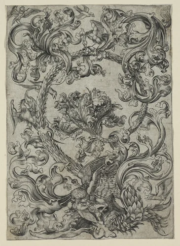 Ornamental Foliage, with an Owl and other Birds by Unknown, print, 1400-1500