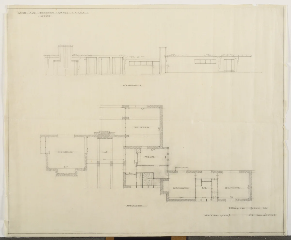 Eliat House Project, Potsdam-Nedlitz, Germany, Plan and elevation by Ludwig Mies van der Rohe, mies van der rohe archive, 1925