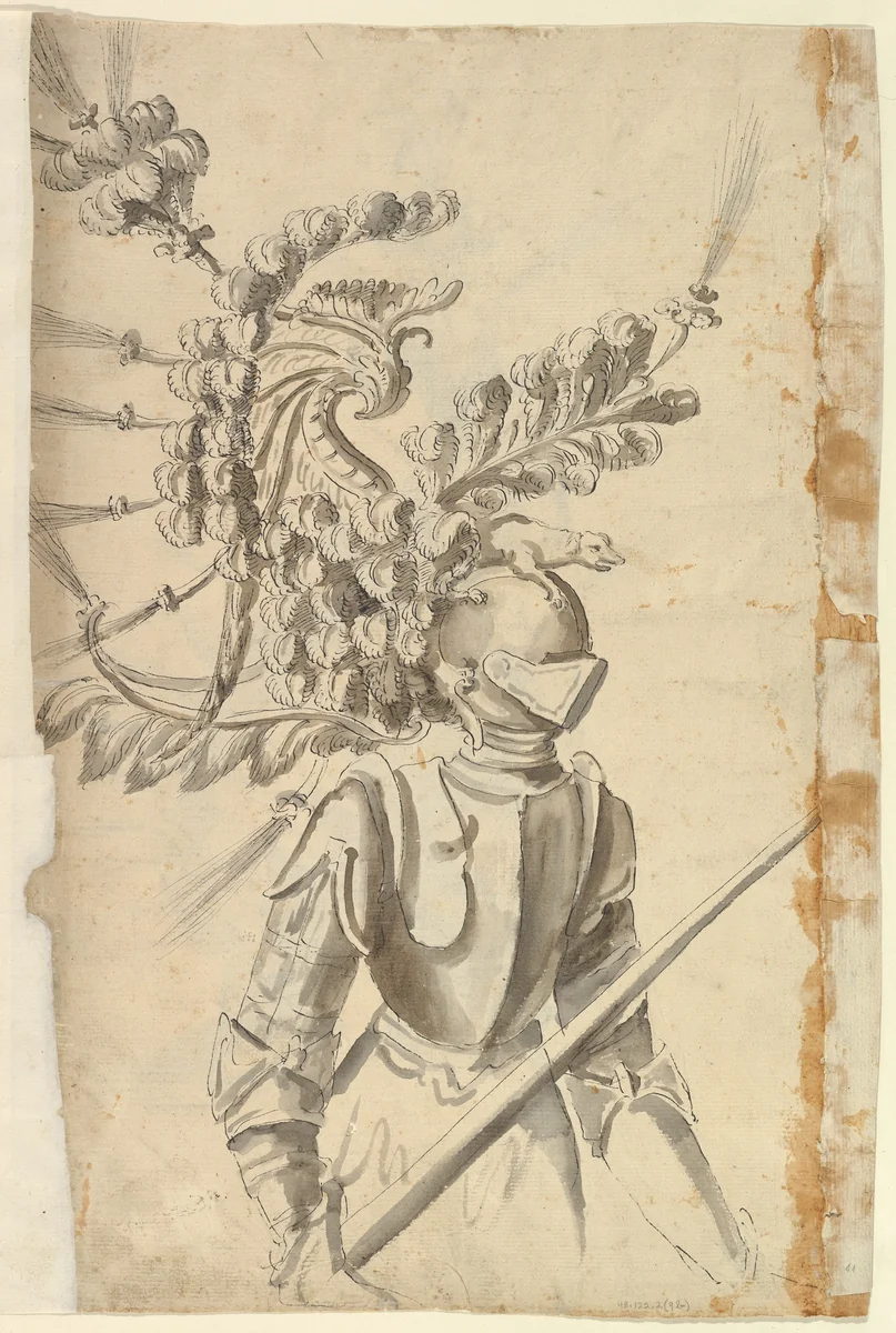 Design for an Armor with Tournament Headdress by Baccio del Bianco, drawing, 1604-1656