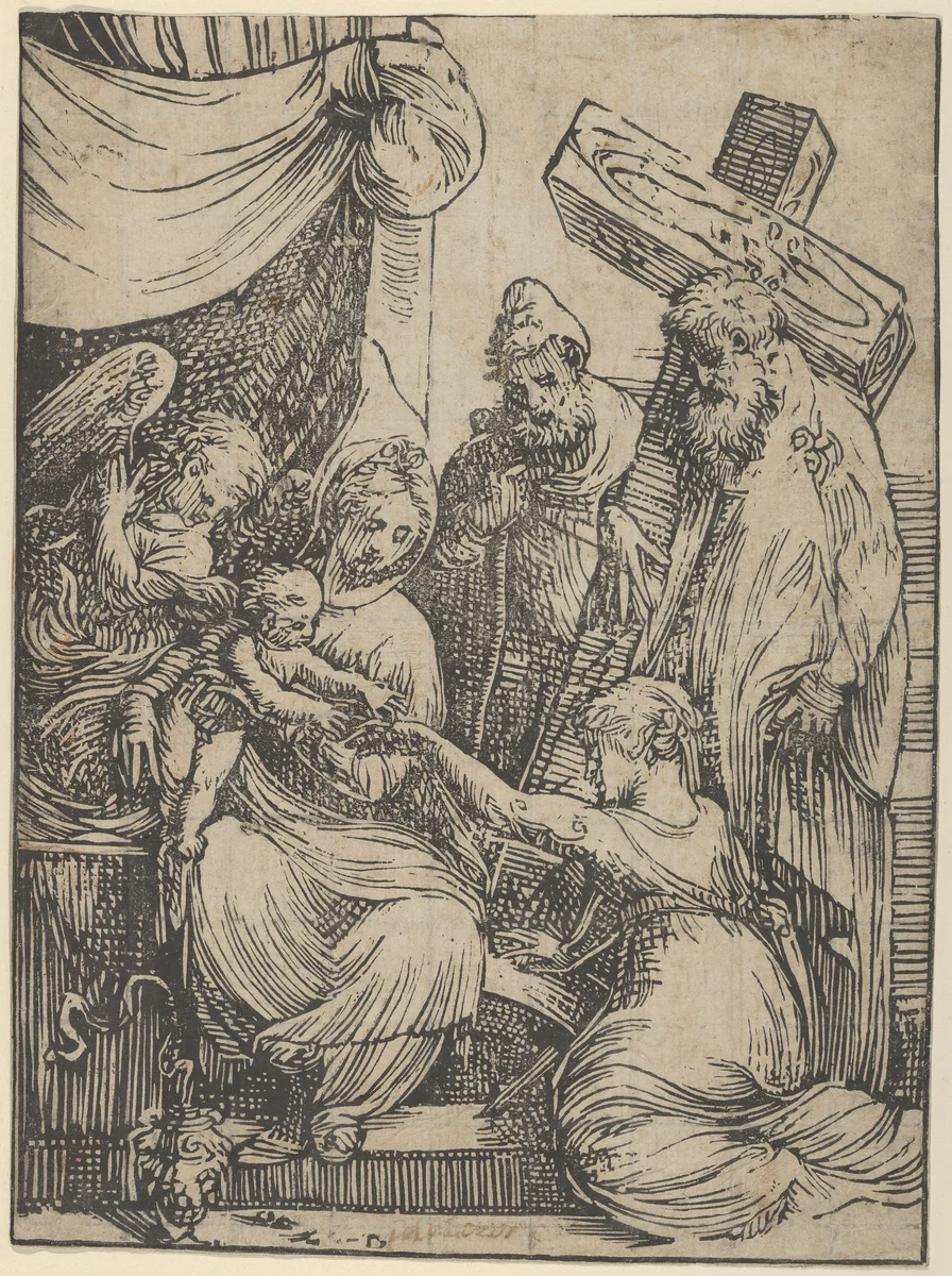 The marriage of Saint Catherine by Andrea Schiavone, print, 1550-1560
