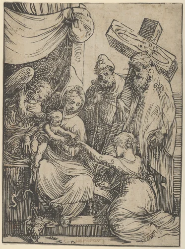 The marriage of Saint Catherine by Andrea Schiavone, print, 1550-1560