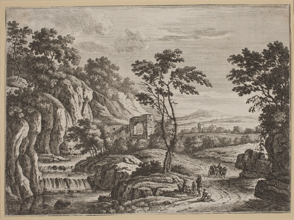 Landscape with Ruins and a Waterfall by Johann Christoph Dietzsch, print, 1710-1769